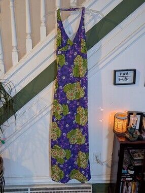 Vintage 70s HOUSE OF NINE Floral Halter Maxi Dress S Nylon Sz 7 Green Purple